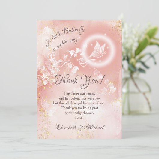 バタフライアプリコット水の色ベビーシャワーありがとう 招待状 (スタンド正面)