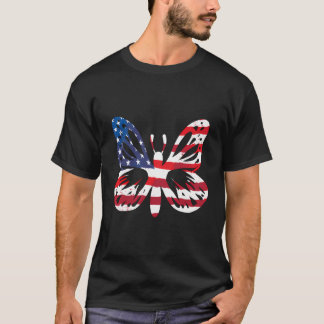 バタフライアメリカ国旗の愛国女性少女4 Tシャツ