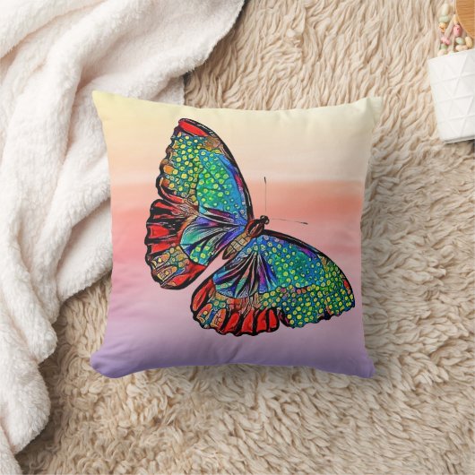 バタフライアートとサンセットグラデーション枕 クッション (ブランケット)