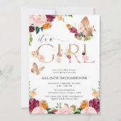 バタフライイッツアガールバラ金ゴールドピンクフローラベビー 招待状 (正面)