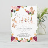 バタフライイッツアガールバラ金ゴールドピンクフローラベビー 招待状 (スタンド正面)
