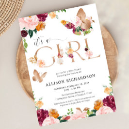 バタフライイッツアガールバラ金ゴールドピンクフローラベビー 招待状