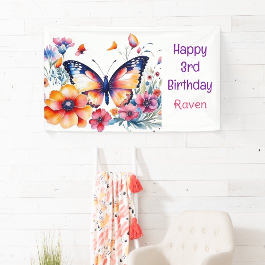 バタフライインフラワーガールズガール誕生日ガール 横断幕 (インサイチュ)