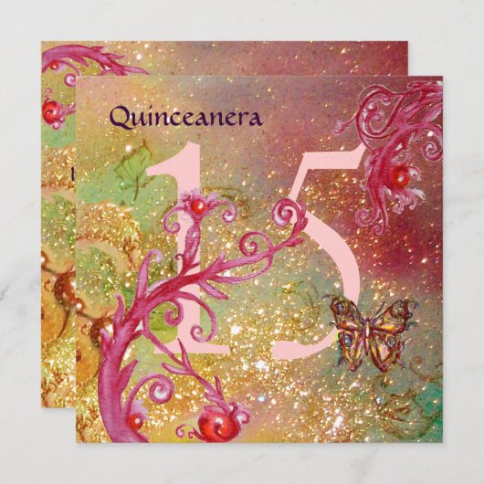 バタフライイン金ゴールドキラキラキンセアニェラ誕生日 招待状 (正面/裏面)