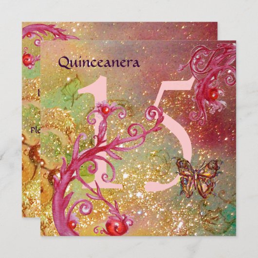 バタフライイン金ゴールドキラキラキンセアニェラ誕生日 招待状 (正面/裏面)