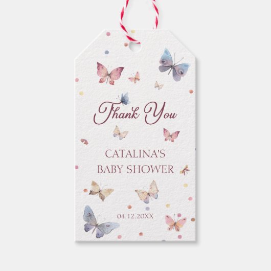バタフライウィズピンクベビーシャワーメッセージカード ギフトタグ (正面)