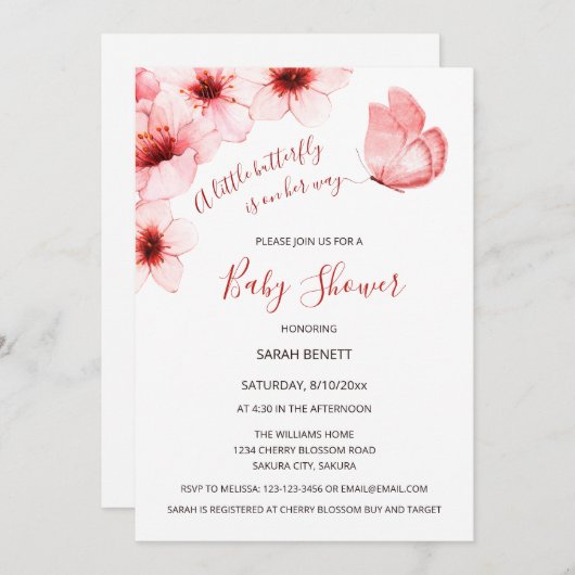 バタフライウォーターカラーさくらんぼ花ベビーシャワー 招待状 (正面/裏面)