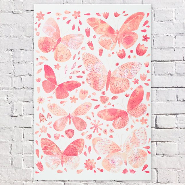 バタフライウォーターカラーコーラルピーチピンクメタルプリント メタルプリント (Coral peach blush pink butterfly watercolor metal art print)