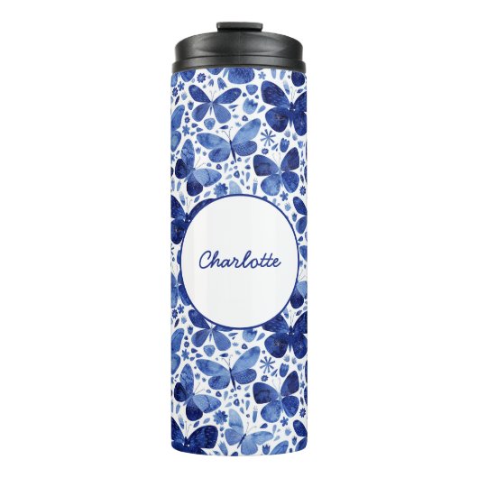 バタフライウォーターカラーネイビーインディゴブルーパーソナライズされた タンブラー (正面)