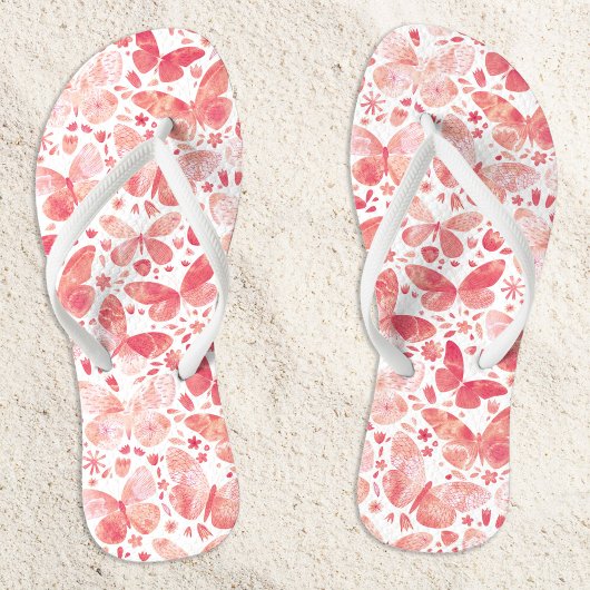 バタフライウォーターカラーパターンコーラルピンク ビーチサンダル