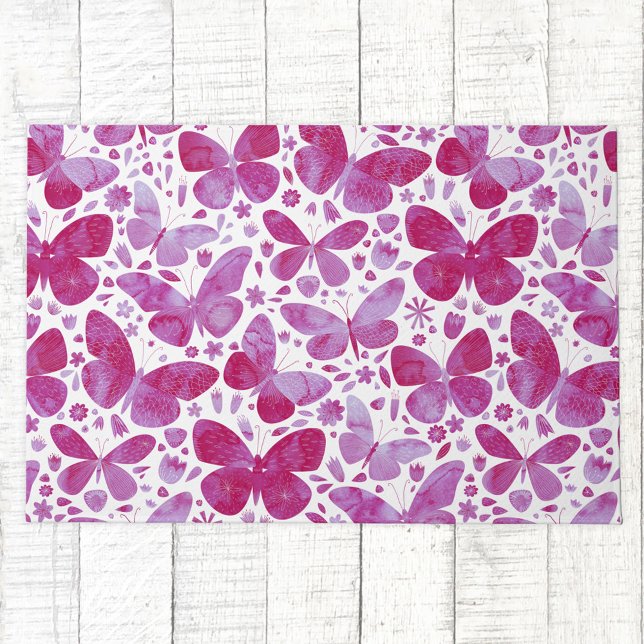 バタフライウォーターカラーパターンピンク ドアマット (Magenta hot pink watercolor butterfly pattern doormat)