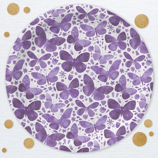 バタフライウォーターカラーパープル ペーパープレート