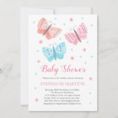 バタフライウォーターカラーピンクアクアベビーシャワー 招待状 (正面)