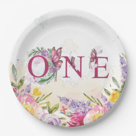 バタフライウォーターカラーフローラ第1誕生日 ペーパープレート