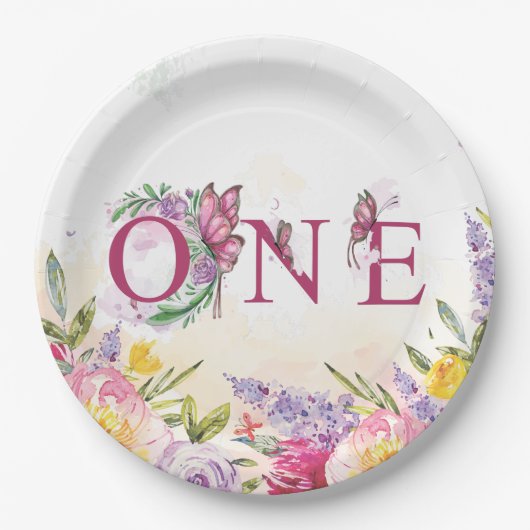 バタフライウォーターカラーフローラ第1誕生日 ペーパープレート (正面)