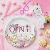 バタフライウォーターカラーフローラ第1誕生日 ペーパープレート (パーティー)