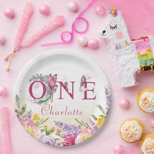バタフライウォーターカラーフローラ第1誕生日 ペーパープレート (パーティー)