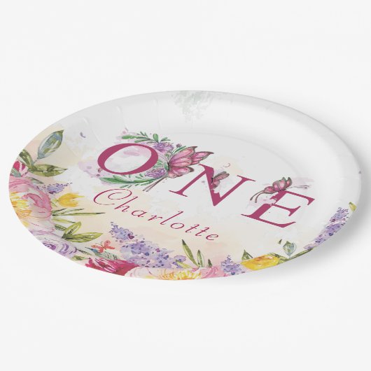 バタフライウォーターカラーフローラ第1誕生日 ペーパープレート (アングル)