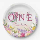 バタフライウォーターカラーフローラ第1誕生日 ペーパープレート (正面)