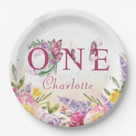 バタフライウォーターカラーフローラ第1誕生日 ペーパープレート