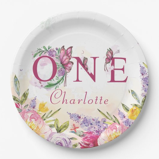 バタフライウォーターカラーフローラ第1誕生日 ペーパープレート (正面)
