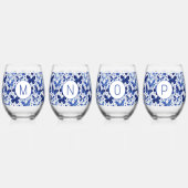 バタフライウォーターカラーブルーモノグラムイニシャル ステムなしワイングラス (裏面)