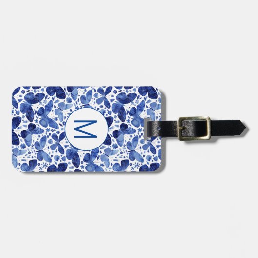 バタフライウォーターカラーブルーモノグラム ラゲッジタグ (正面横)