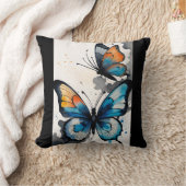 バタフライウォーターカラーブルー/ブラック/オレンジ/ティール(緑がかった色)/クリーム クッション (ブランケット)