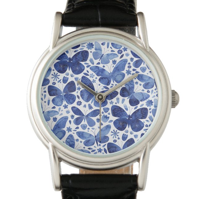 バタフライウォーターカラーブルー 腕時計 (Navy indigo blue and white watercolor butterfly pattern watch)