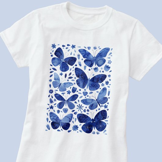 バタフライウォーターカラーブルーTシャツ Tシャツ