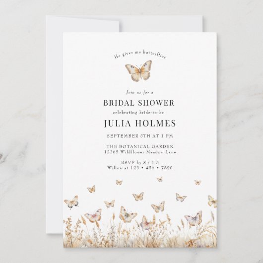 バタフライウォーターカラーワイルドフラワーブライダルシャワー 招待状 (正面)