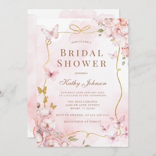 バタフライウォーターカラー洗浄ブライダルシャワー 招待状 (正面/裏面)