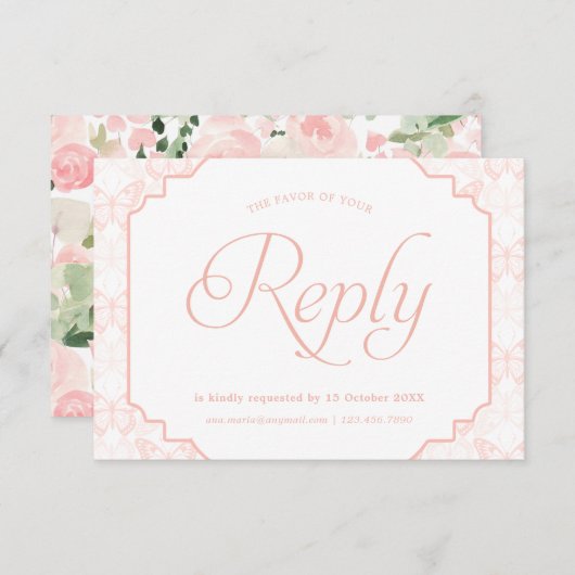 バタフライウォーターカラー花模様赤面ピンク 出欠カード (正面/裏面)