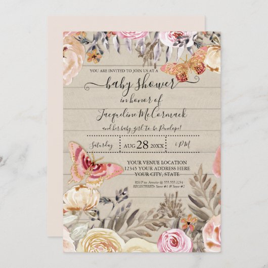 バタフライウォーターカラー赤面フローラバラ素朴ウッド 招待状 (正面/裏面)