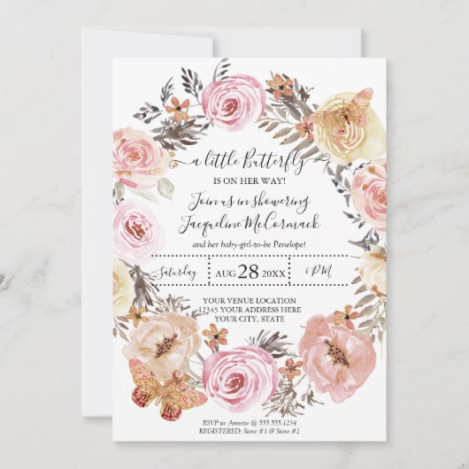 バタフライウォーター色リースピンクフローラベビーガール 招待状 (正面)