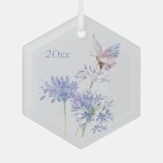 バタフライオンガーデン花フローラ水彩アート ガラスオーナメント (正面)