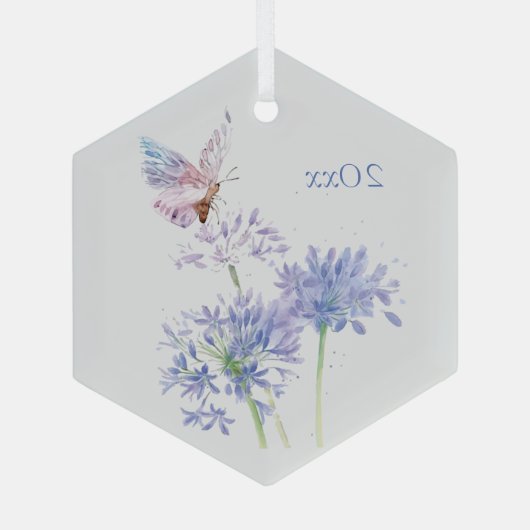 バタフライオンガーデン花フローラ水彩アート ガラスオーナメント (裏面)