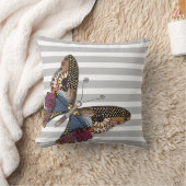 バタフライオングレーと白ストライプ色 クッション (ブランケット)