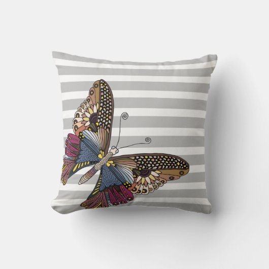 バタフライオングレーと白ストライプ色 クッション (正面)