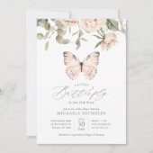 バタフライオンザウェイピンクフローラガールベビーシャワー 招待状 (正面)