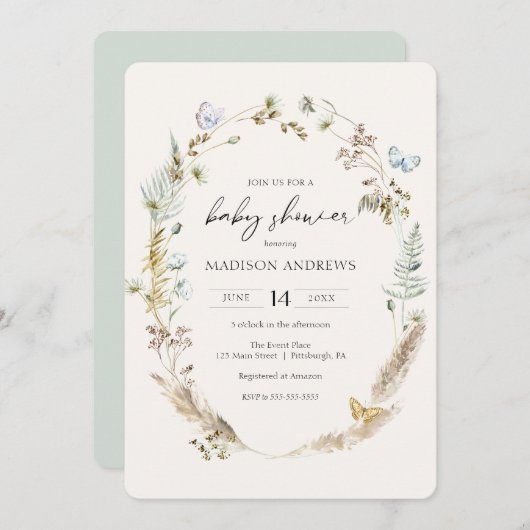 バタフライオンザウェイボホベビーシャワー招待状 招待状 (正面/裏面)