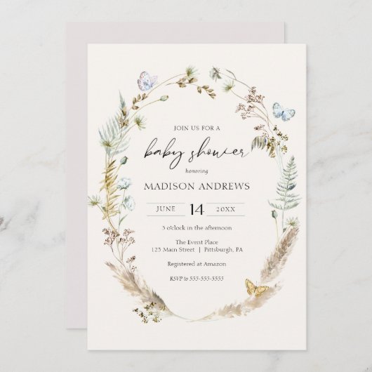 バタフライオンザウェイボホベビーシャワー招待状 招待状 (正面/裏面)