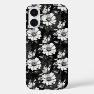 バタフライオンフラワーパターンデザイン – 黒 iPhone 16ケース