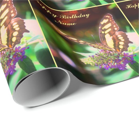 バタフライオンフラワーパーソナライズされた誕生日 ラッピングペーパー (ロールコーナー)