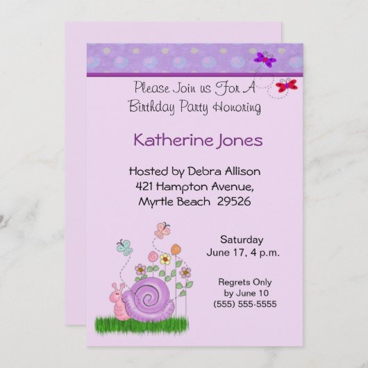 バタフライカタツムリ誕生日招待状 招待状 (正面/裏面)