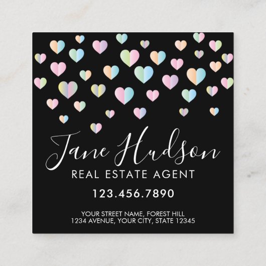 バタフライカラフルとハートスペックルデザイン スクエア名刺 (裏面)