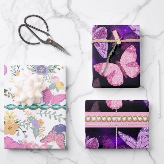 バタフライカラフルギフトラップ ラッピングペーパーシート (正面)