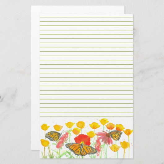バタフライカリフォルニアポピーズワイルドフラワーガーデン 便箋 (正面/裏面)