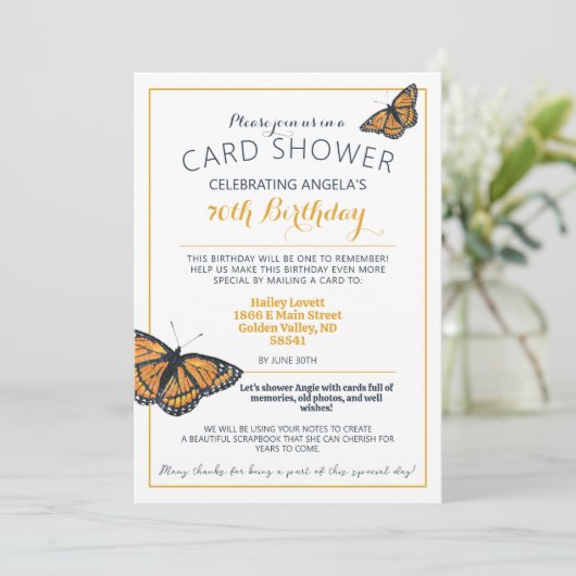 バタフライカードシャワー誕生日フォト招待状 招待状 (スタンド正面)