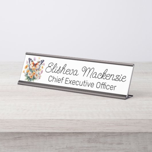バタフライガーデンオレンジとホワイトオフィス デスクネームプレート (正面)